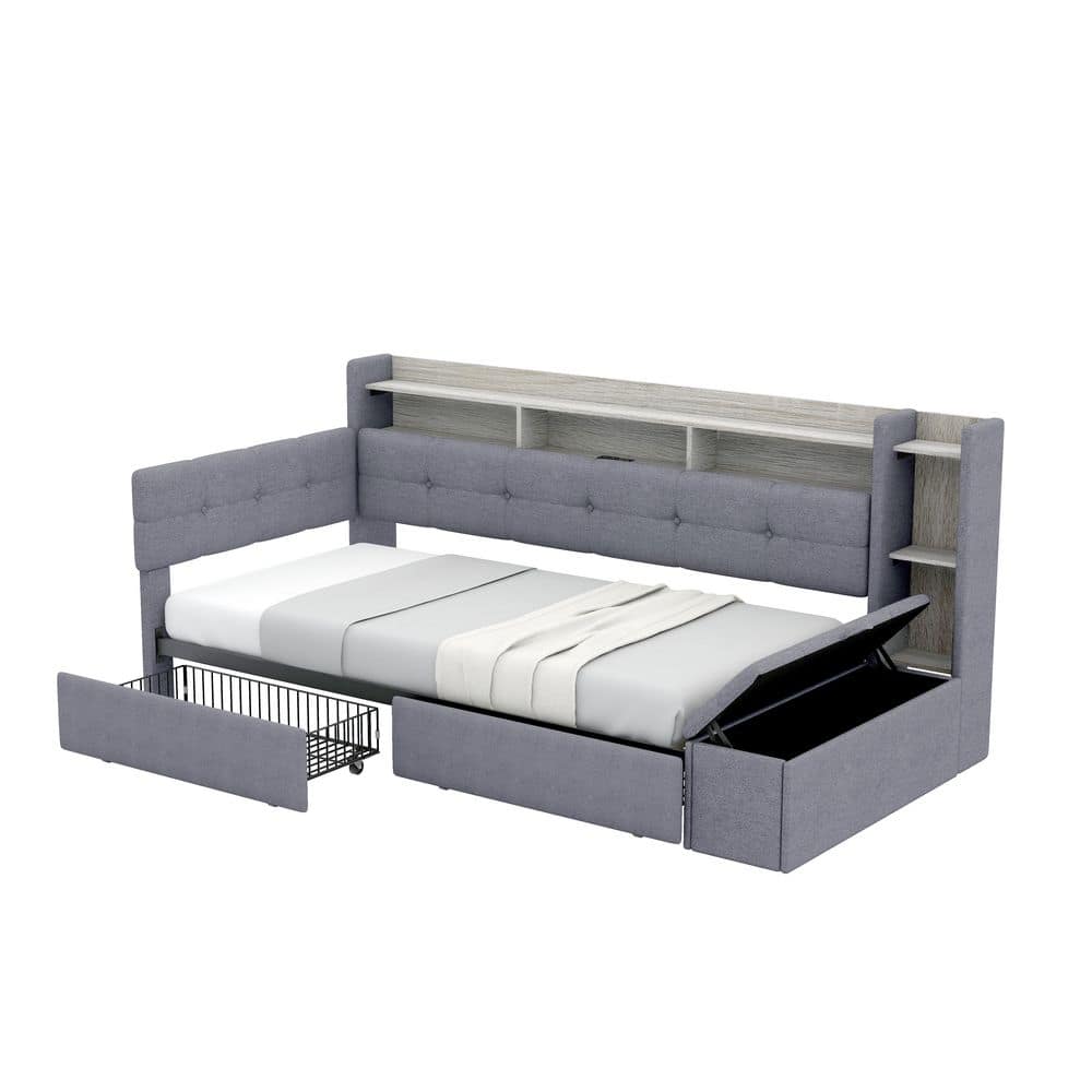 Brevon Modern Grey Linen Tufted Upholstery Twin Size Wood Frame Daybed with Drawers, Storage Footstool and Shelves price history on PriceWatchPro