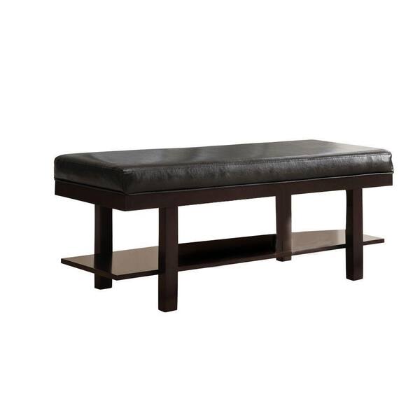 Monarch Specialties 48 in. L Solid Wood and Brown Leather-Look Bench in Cappuccino