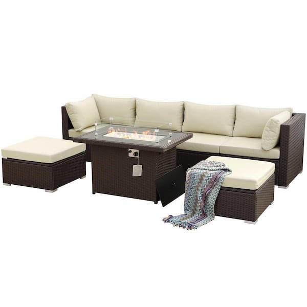 FINCATI Luxury Espresso 7 Piece Wicker Patio Fire Pit Conversation Sectional Sofa Set with Ottomans and Beige Cushions