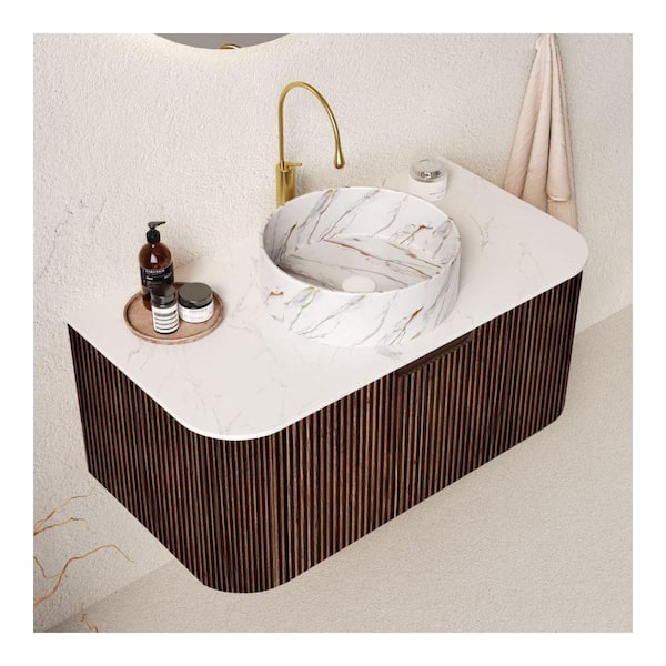 35.83 in. Single Sink Floating Walnut Bath Vanity with Marble Sintered Stone Top