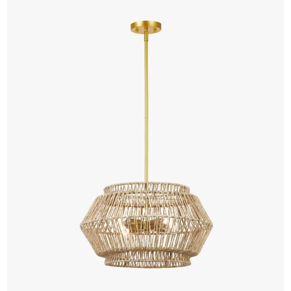 KAWOTI 4-Light Distressed Gold Geometric Pendant Light with Rattan Shade