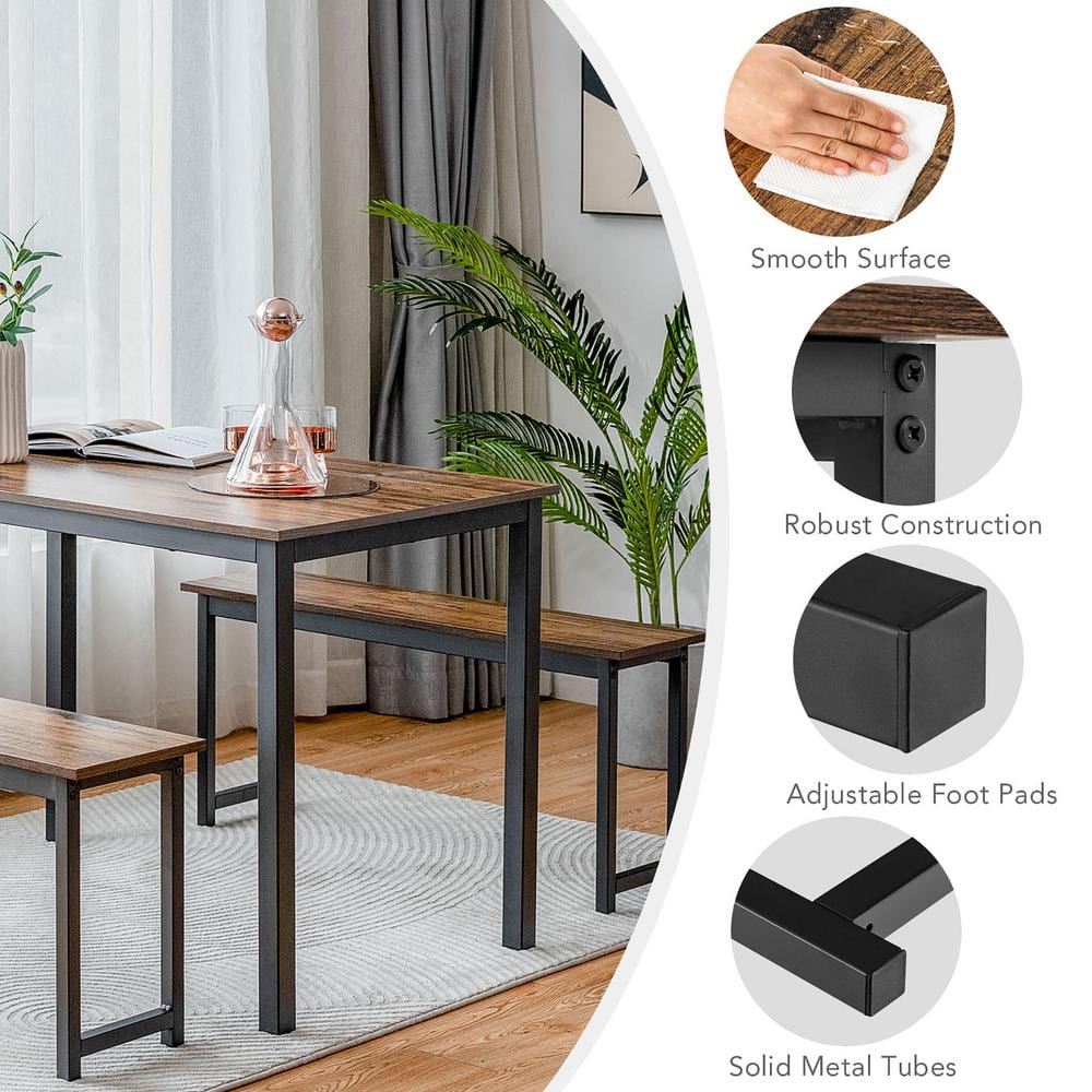 Modern Studio 3-Piece Coffee Dining Table Set with 2 Benches