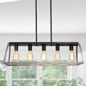 Modern Black Chandelier Island Linear 5-Light Gray Rectangle Cage High Ceiling Light for Kitchen, Dining Room