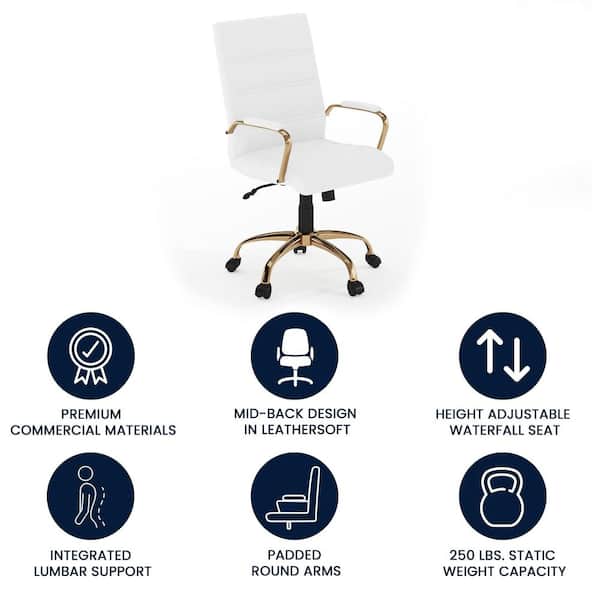 Whitney Faux Leather Mid-Back Gold Frame Ergonomic Executive Swivel Office Chair in White with Arms