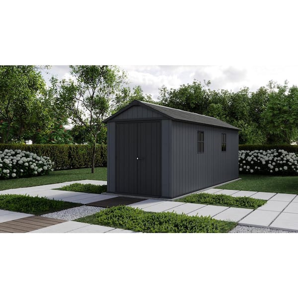 Newton Plus 7.5 ft. W x 17 ft. D Durable Resin Plastic Storage Shed with Floor Graphite 133 sq. ft.