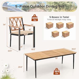 Natural and Black 9-Piece Wood Rectangle Outdoor Dining Set with Cushions and 1.9 in. Umbrella Hole