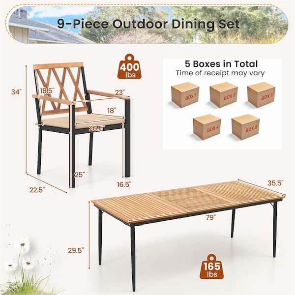 Natural and Black 9-Piece Wood Rectangle Outdoor Dining Set with Cushions and 1.9 in. Umbrella Hole