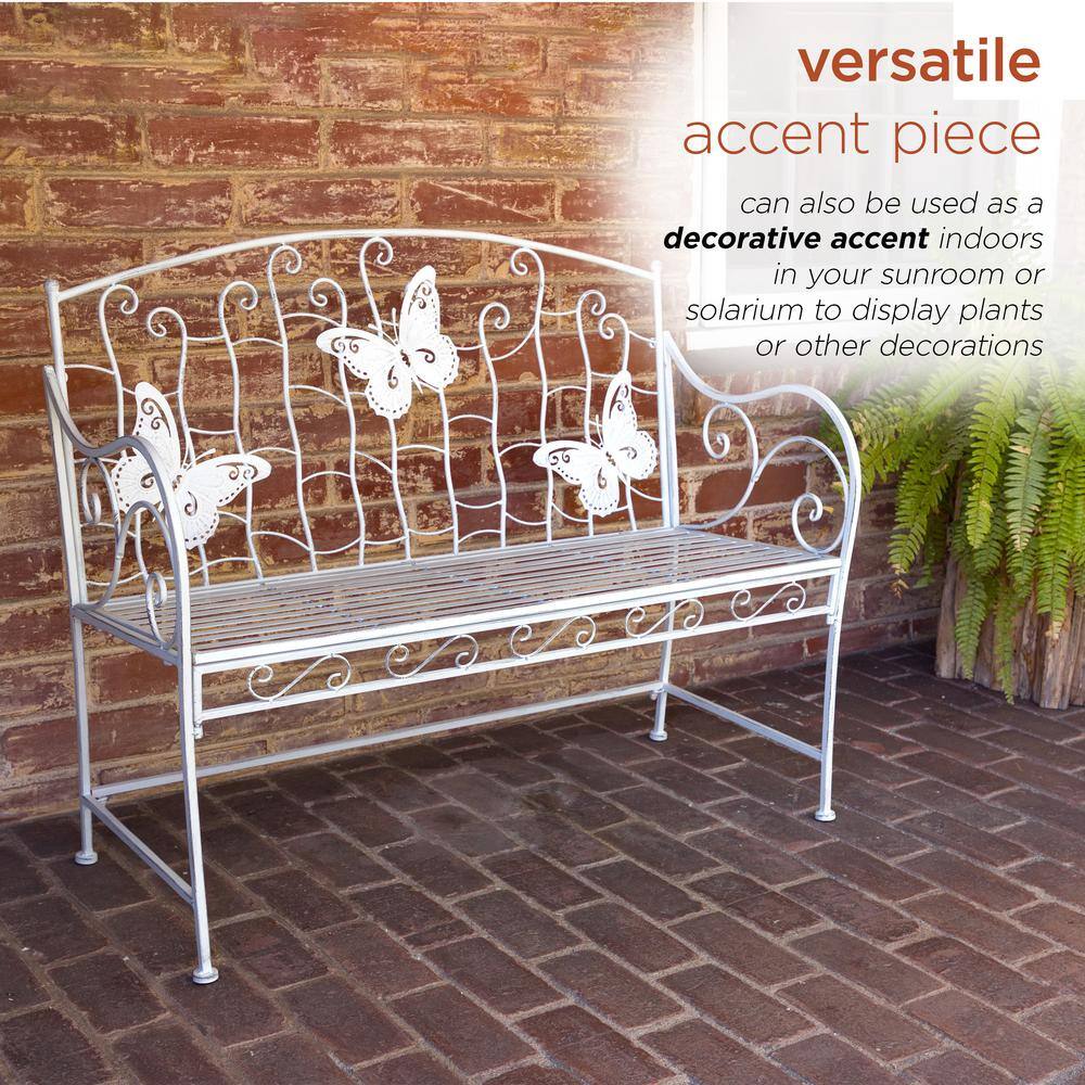 White Metal Butterfly Backrest Garden Bench, 43"