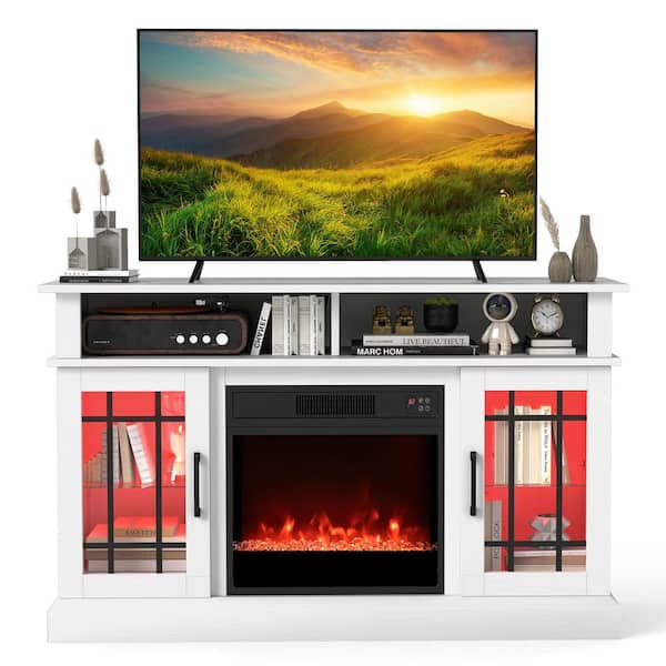 White Wall Mounted TV Stand Fits TVs up to 40 in. with Electric Fireplace LED Lights and Remote Controls