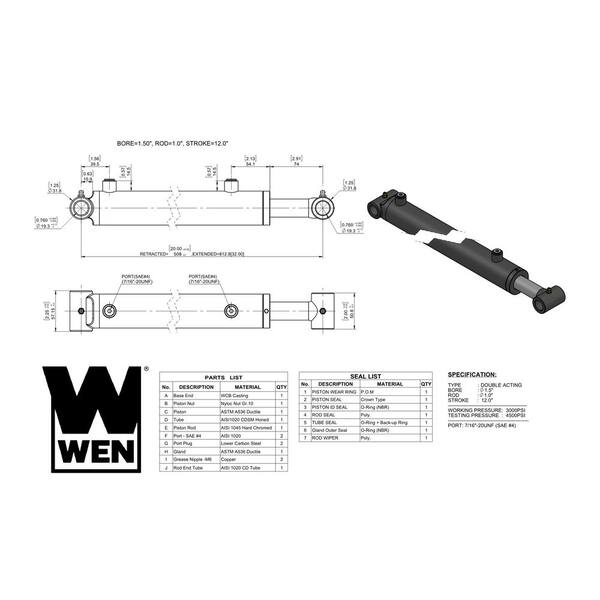 Wen Cross Tube Hydraulic Cylinder With 1 5 In Bore And 12 In Stroke Wt1512 The Home Depot