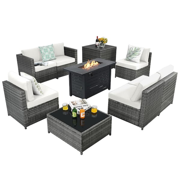 HONEY JOY 9-Pieces Rattan Dinning Set Wicker Patio Conversation Set w/60000 BTU Propane Fire Pit and White Cushions