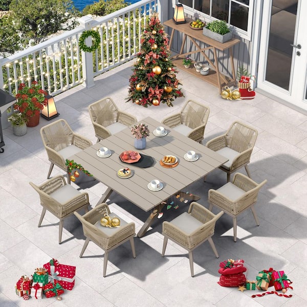 9-Piece Aluminum All-Weather PE Rattan Square Outdoor Dining Set with Cushion, Champagne