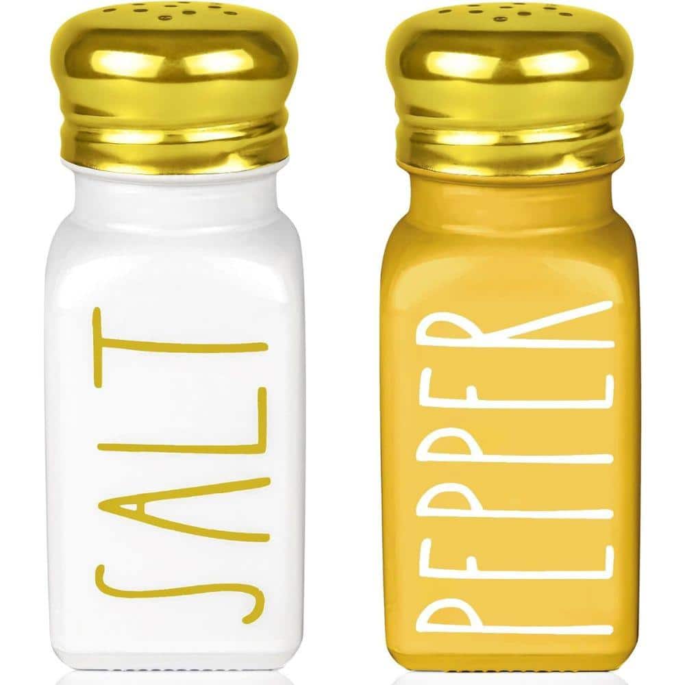 2-Piece Glass Salt Pepper Shakers with Stainless Steel Lids in Gold Farmhou