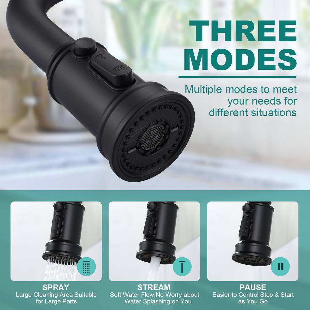 Matte Black Dual Handle Bridge Kitchen Faucet with Pull-Down Spray