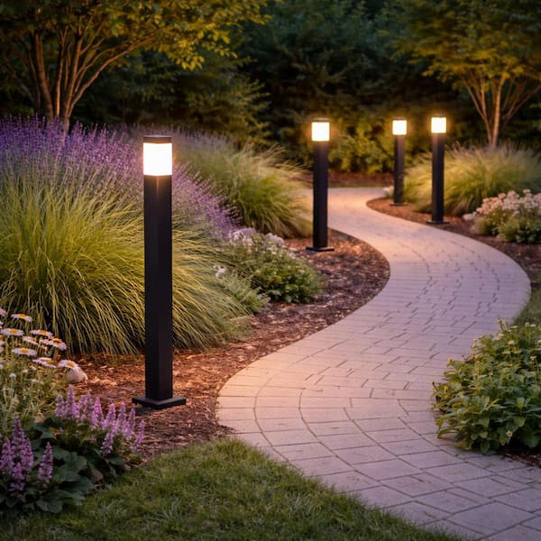 250-Watt Equivalent Black Square LED Bollard Light, Hardwired Line Voltage, Selectable CCT 2700K/4000K/5000K