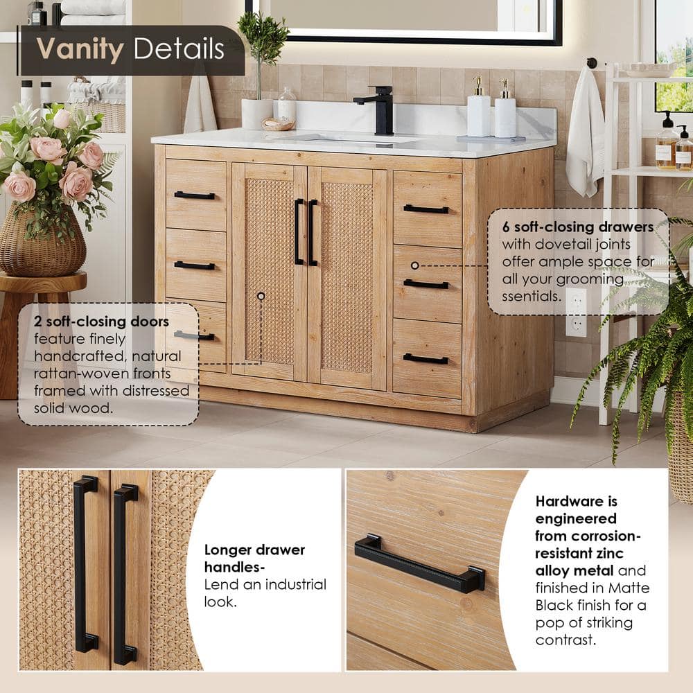 Light Brown Fir Wood Vanity with Calacatta Quartz Top, 48 Inch