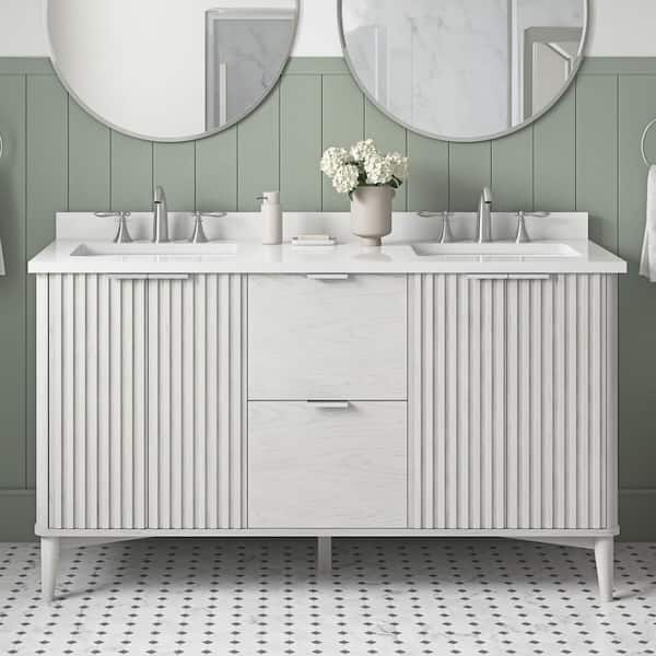 OVE Decors Gabi 60 in. W x 22 in. D x 34.5 in. H Double Sink Bath Vanity in Nordic Wood with White Engineered Marble Top