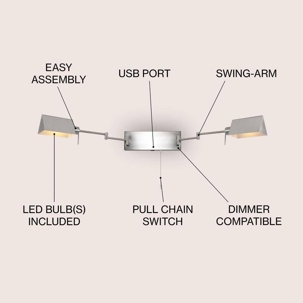 White Iron Double Swing Arm Wall Sconce with USB Port