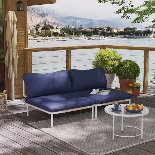 Pellebant 2 Piece Metal Outdoor Sectional Sofa with Navy Blue Cushions 2-Armrest