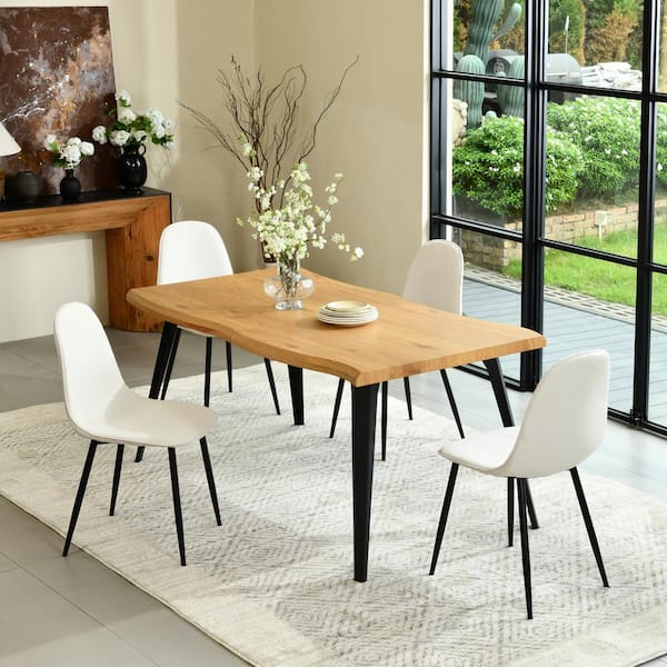 Homy Casa LAHAR 5-Piece Modern Farmhouse Dining Set-Natural Edge Table with White Fabric Ergonomic Chairs