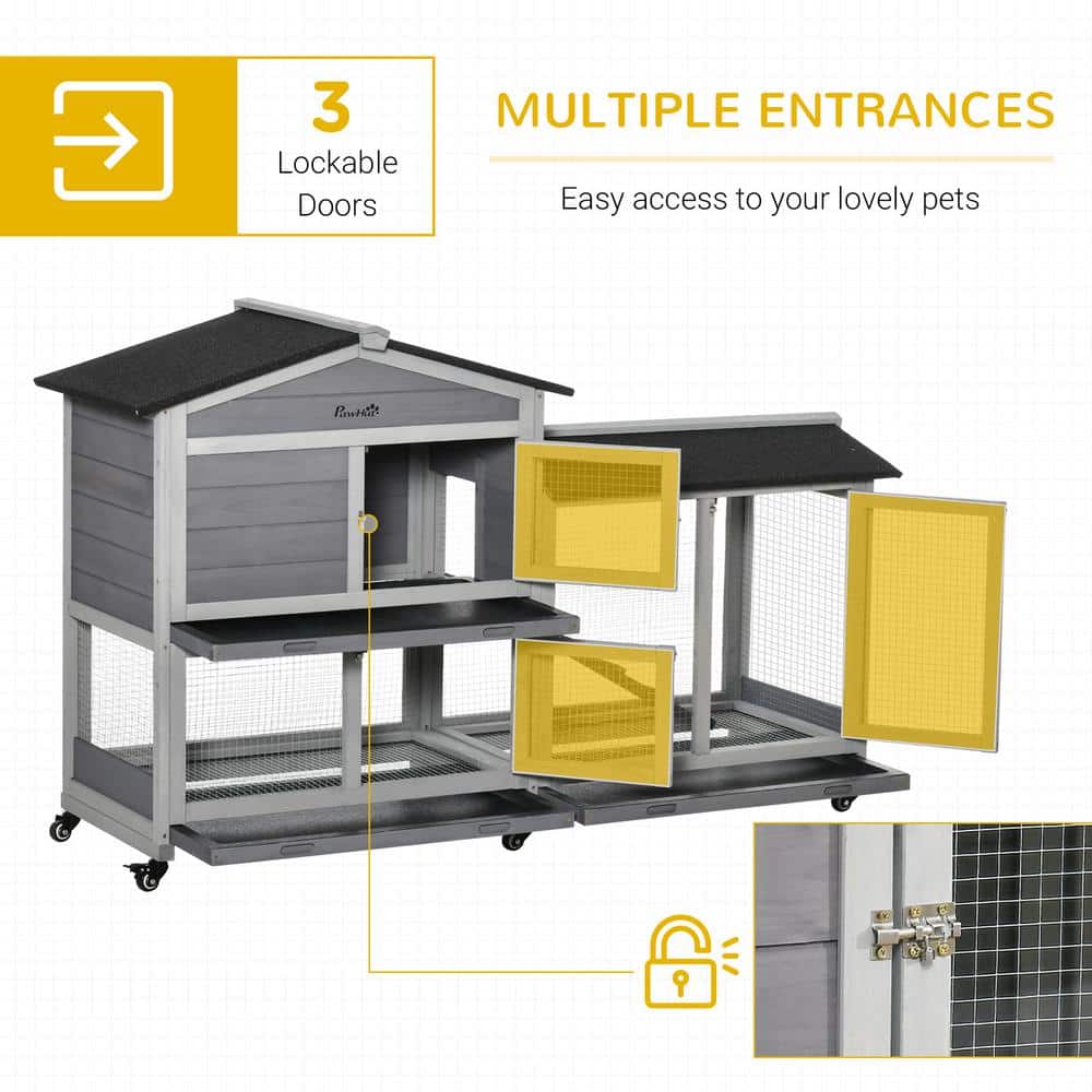 Gray Wooden Guinea Pig Hutch with Wheels and Ramp