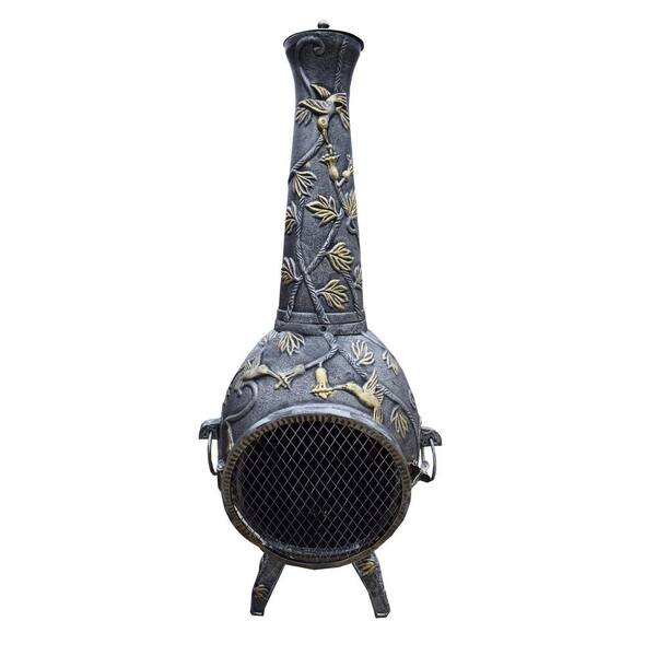 Unbranded Hummingbird Cast Metal 45 in. tall Chimenea with Built-in Handles Log Grate Spark Guard Screen on Stack and Door