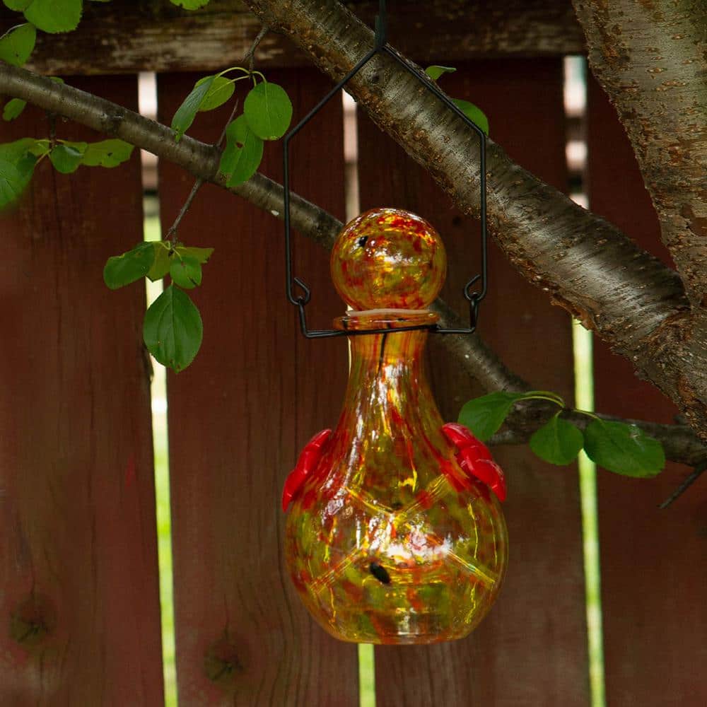Solar-Powered Hand-Blown Glass Hanging Hummingbird Feeder