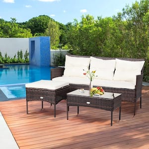 3-Piece Patio Rattan Sectional Conversation Furniture Set with Off White Cushions