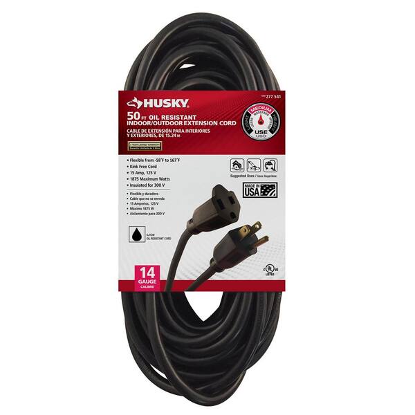 Husky 50 ft. 14/3 Oil Resistant Indoor/Outdoor Extension Cord, Black 57050BLKHY