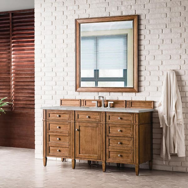 Brittany 60.0 in. W x 23.5 in. D x 34.0 in. H Single Bathroom Vanity in Saddle Brown with Victorian Silver Quartz Top