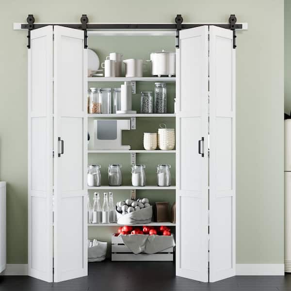 ARK DESIGN 72 in. x 84 in. Paneled 3-Lite White Primed Solid Core MDF Bi-fold Sliding Barn Door with Hardware Kit