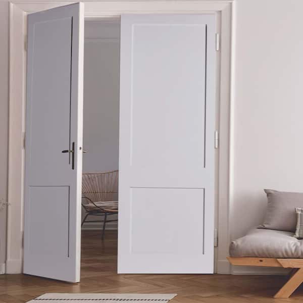 64 in. x 96 in. Craftsman Shaker 2-Panel Left Handed MDF Solid Core Primed Wood Double Prehung Interior French Door