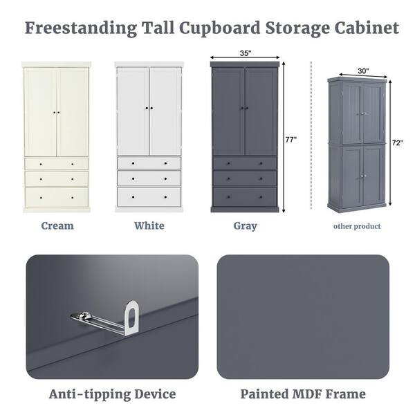 Adrinfly 35 in. W x 17.7 in. D x 77 in. H in Cream MDF Ready to Assemble Kitchen Cabinet with 3 Adjustable Shelves and 3-Drawers