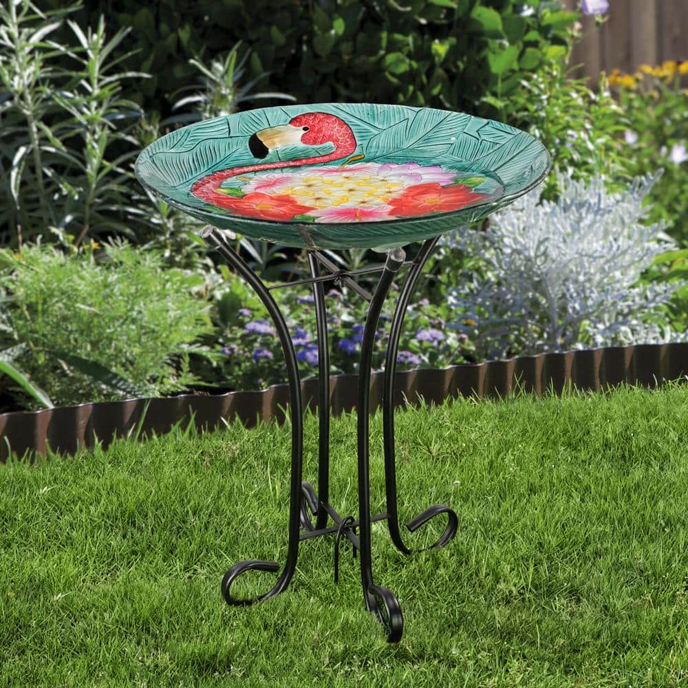 Tropical Flamingo Fusion Glass Birdbath with Metal Stand