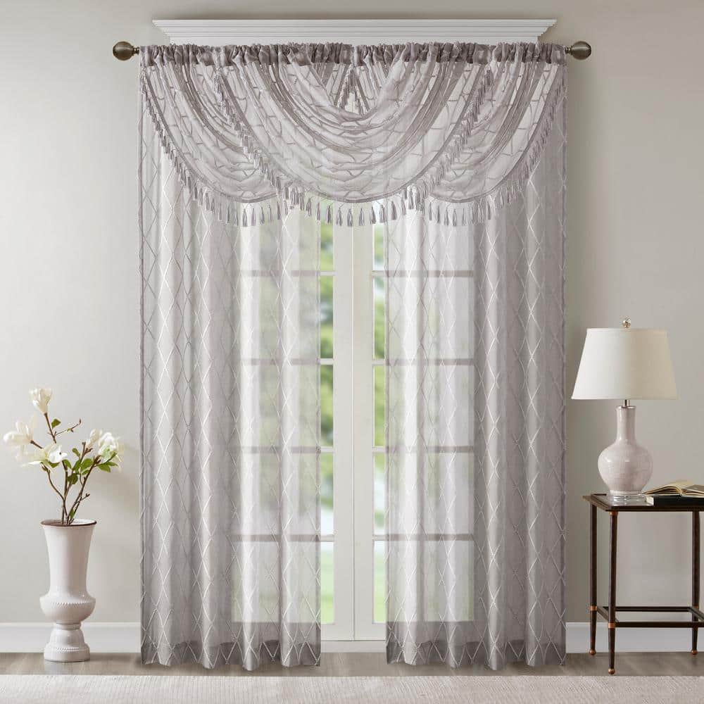 Gray Diamond Sheer Embroidered Waterfall Valance