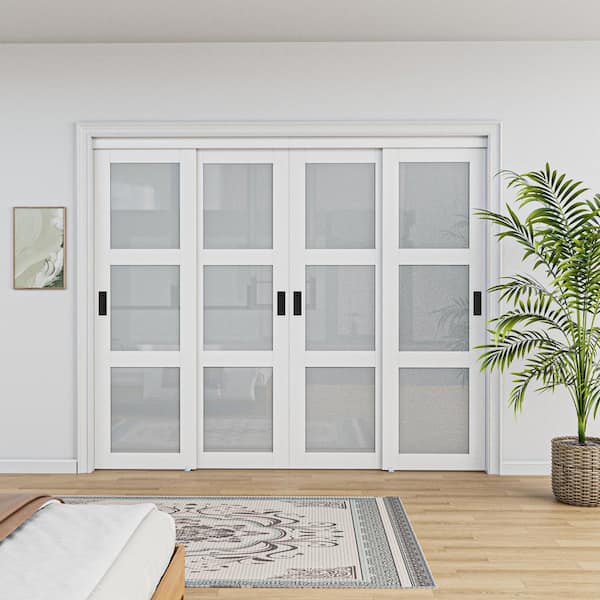 96 in. x 80 in. 3-Lite Frosted Glass White Finished MDF Interior Closet Sliding Door with Hardware and Black Handles