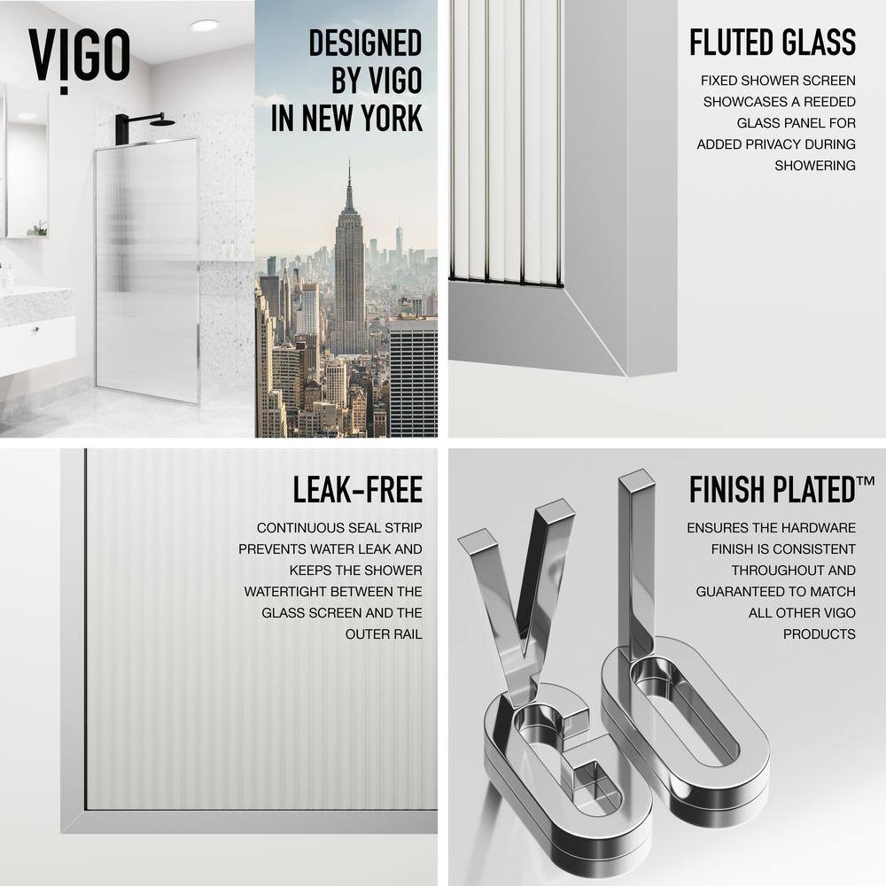 Meridian 34" W x 62" H Chrome Fluted Glass Shower Screen
