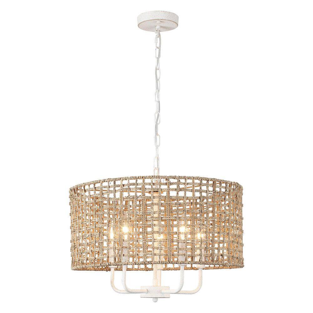 18.89 in. 5-Light Distressed White Bohemian Drum Chandelier with Straw Hand Woven Shade price history on PriceWatchPro