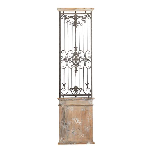 20 in. x 71 in. Wood Brown Distressed Door Inspired Ornamental Panel Scroll Wall Decor with Black Metal Wire Details