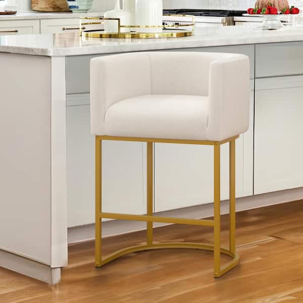 LUE BONA Jessica 26 in.Beige Modern Counter Bar Stool Fabric Upholstered Barrel Counter Stool with Gold Metal Frame