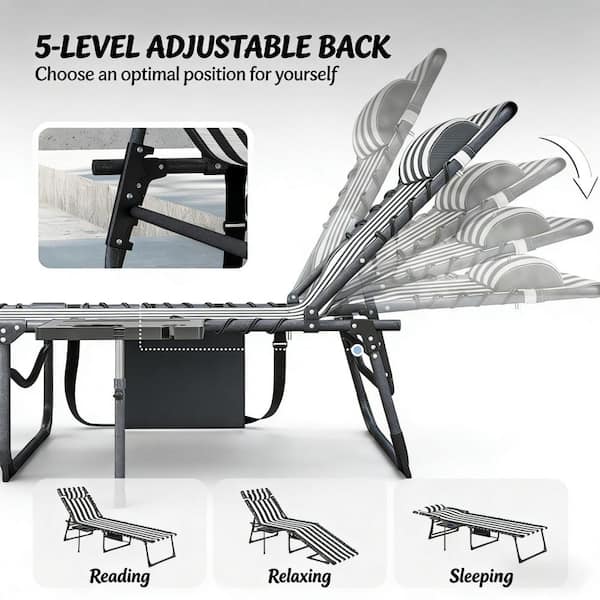 JPJPUU Gray Outdoor Folding Chaise Lounge Chair with Side Pocket