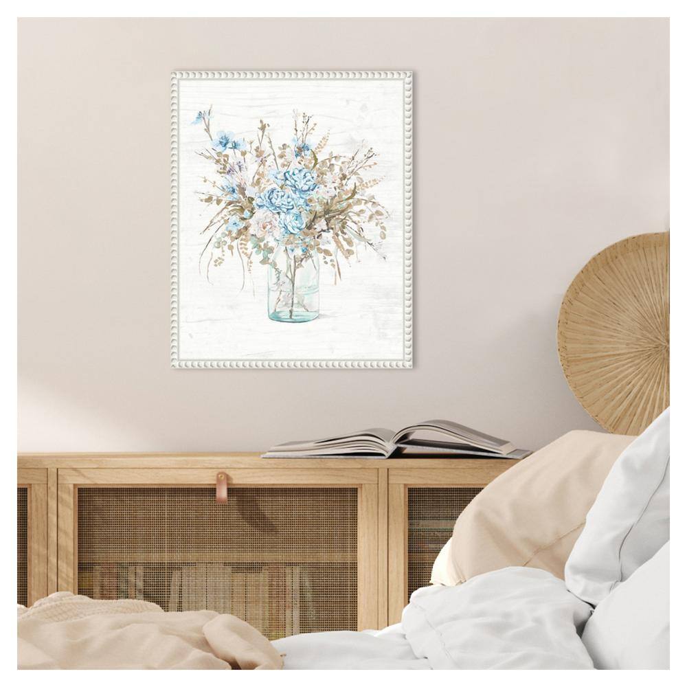 Blue Flowers in Glass Vase with White Beaded Frame Canvas Wall Art
