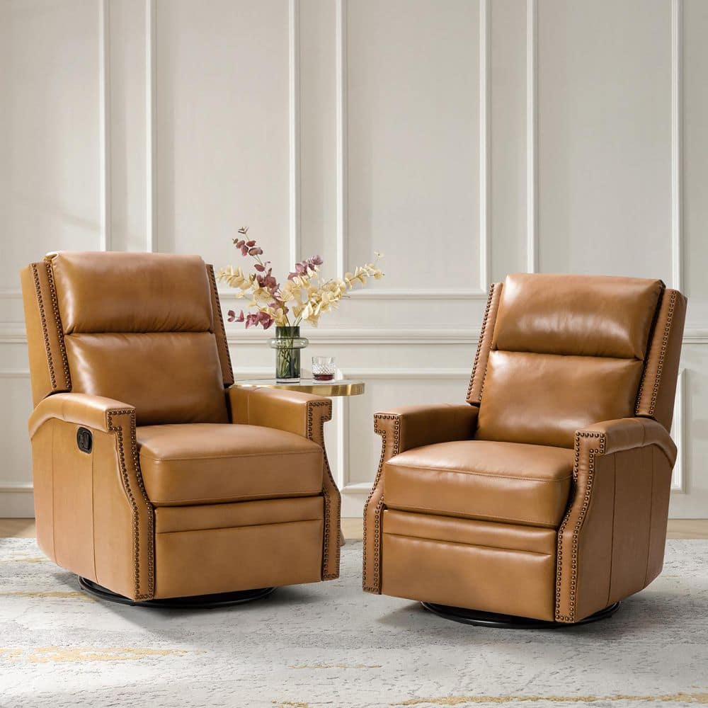 JAYDEN CREATION Dryope Camel Genuine Leather Nursery Swivel Rocker
