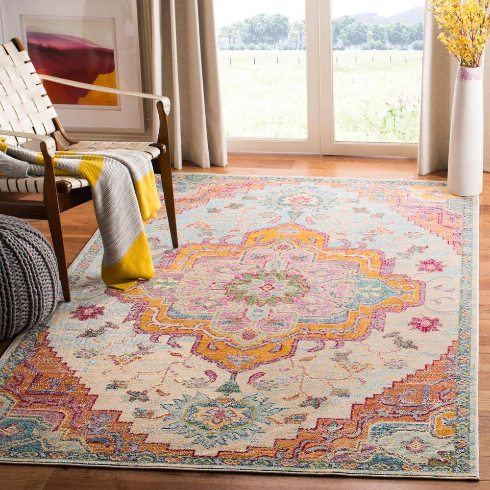 Light Blue and Fuchsia Medallion Square Synthetic Rug