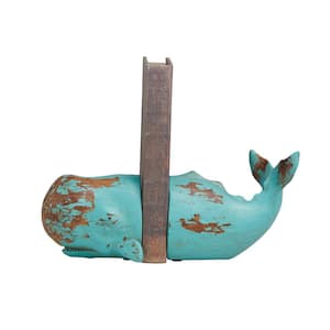 Teal Polystone Distressed Whale Bookends with Brown Wood Inspired Accents (Set of 2)