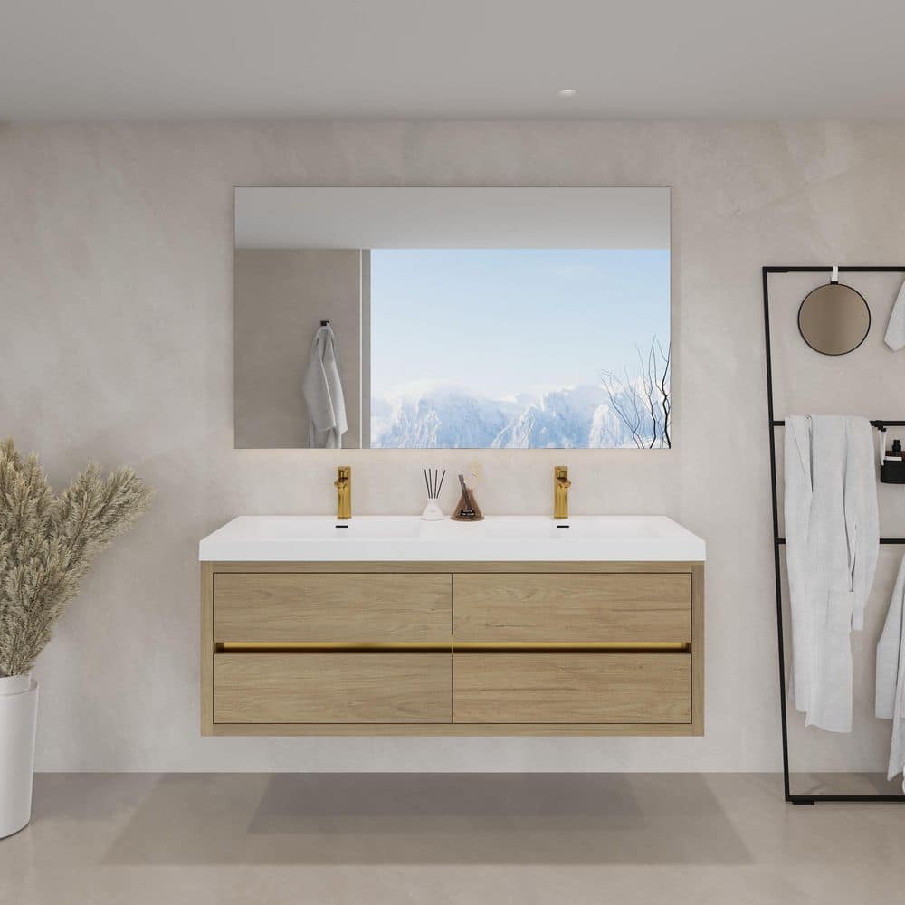 60 in. W Double Sink Wall-Mounted Floating Bath Vanity Storage Cabinet in Natural Oak with White Stone Resin Top price history on PriceWatchPro