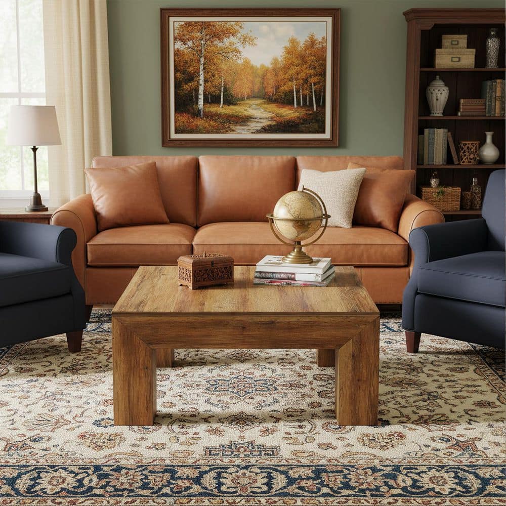 Allan 39.4 in. Brown Square Wood Coffee Table, Low Large Center Tea Accent Table with Sturdy Legs