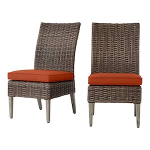 Rock Cliff Brown Stationary Wicker Outdoor Patio Armless Dining Chair with CushionGuard Quarry Red Cushions (2-Pack)