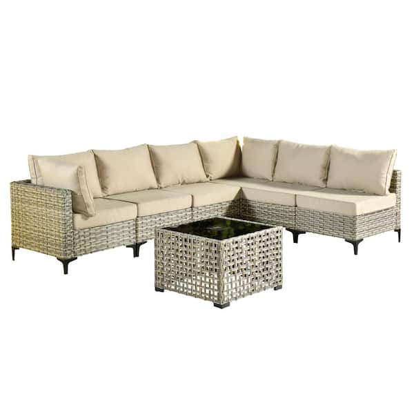 Holston 7-Piece Wicker Modern Outdoor Patio Conversation Sofa Sectional Set with a LED Table and Beige Cushions