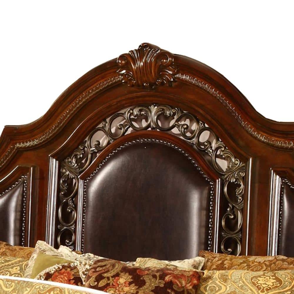 King Cherry Wood Upholstered Bed with Nailhead Trim